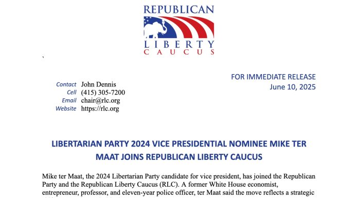 Libertarian Party 2024 Vice-Presidential Nominee  Mike ter Maat Joins Republican Liberty Caucus